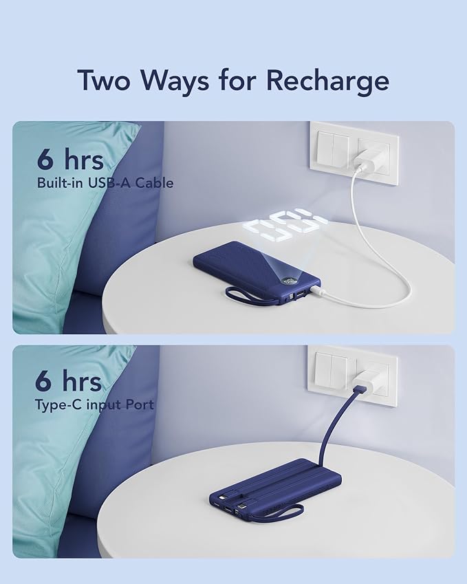 VRURC Portable Charger for iPhone, USB C Power Bank 10000mAh, Slim Travel Battery Pack Built in Cables & Lanyard, 5 Output 2 Input Portable Phone Charger for iPhone 17 16 15 14 13, Samsung-Navy