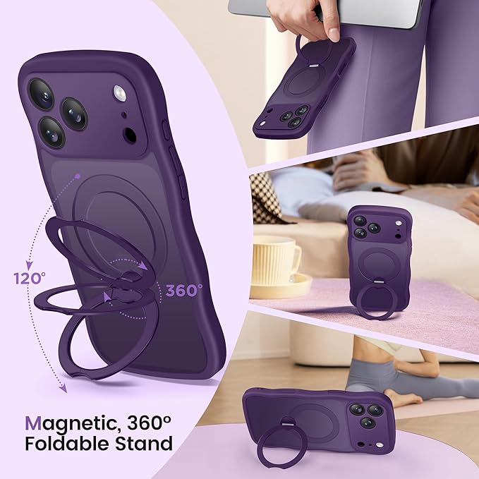 CAPRARO for iPhone 17 Pro Case with 360° Spin Magnetic Stand for Women, [Compatible with MagSafe] [Full Camera Protection] Cute Wave Translucent Matte Case for iPhone 17 Pro, Deep Purple