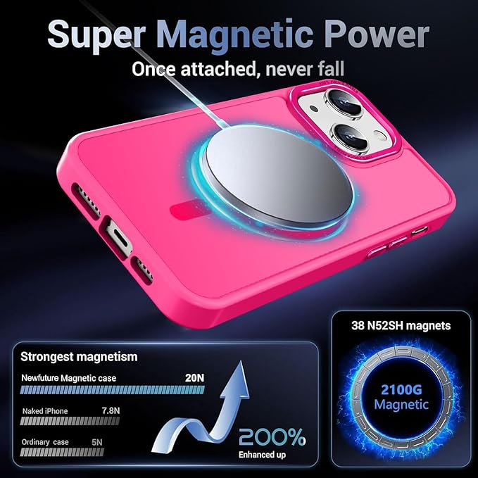 Newfuture Designed for iPhone 13 Case & iPhone 14 Case with Magnetic [13 FT Military Drop Protection] [Compatible with Magsafe] Slim Translucent Shockproof with Anti-Fingerprint Phone Case, Hot Pink