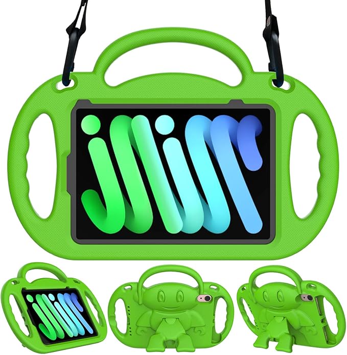Kids Case for iPad mini 7 (A17 Pro) 2024/ Mini 6 2021, iPad mini 7th/6th Generation Case with Shoulder Strap - Durable Shockproof with Handle Stand Protective Cover for iPad 8.3 Inch, Green