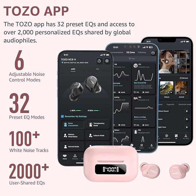 TOZO NC9 Hybrid Active Noise Cancelling Wireless Earbuds, 6 Mics ENC Clear Call, IPX8 Waterproof, in Ear Bluetooth 5.3 Headphones Stereo Bass Ear Buds 60H Playtime with LED Display 32 EQs via APP