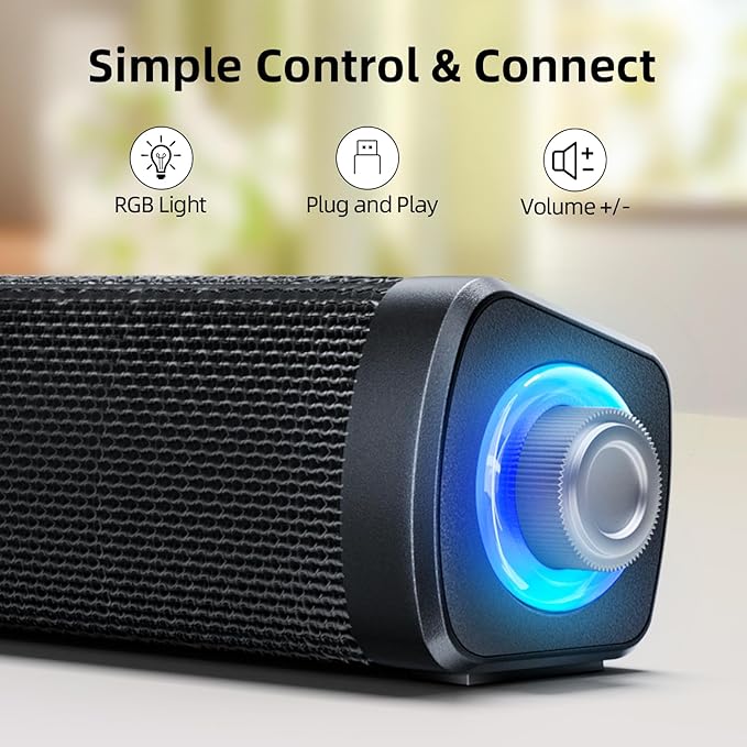 Uakinat USB Computer Speakers,Computer Speakers with 3.5 mm aux,Wired USB Powered & Colorful LED Lights with Switch Button,Surround Sound Portable SoundBar for Monitor Laptop Phone(Black)