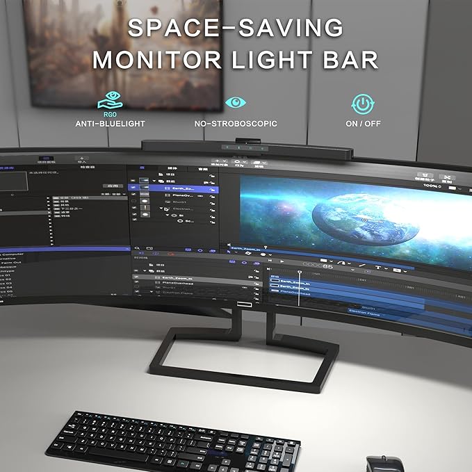 ONWAY Curved Monitor Light Bar with Wireless Remote,Monitor Auto-Dimming and Camera Base,Applicable to All Screens. No Screen Glare,for Home Office