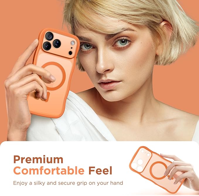 CAPRARO Magnetic for iPhone 17 Pro Max Case for Women Girls, Upgraded [Full Camera Protection] [Compatible with MagSafe] Cute Wave Translucent Matte Phone Case for iPhone 17 Pro Max, Clear Orange
