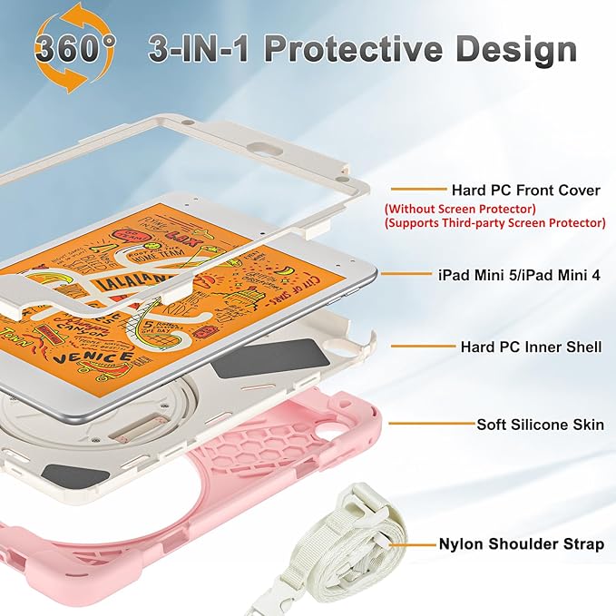BRAECNstock Kids Case for Apple iPad mini 5/4 7.9" 2019/2015, Shockproof Protective with Pencil Holder, Rotating Stand & Hand Strap,Shoulder Strap, Case for iPad mini 5th/4th Gen, Sakura Pink