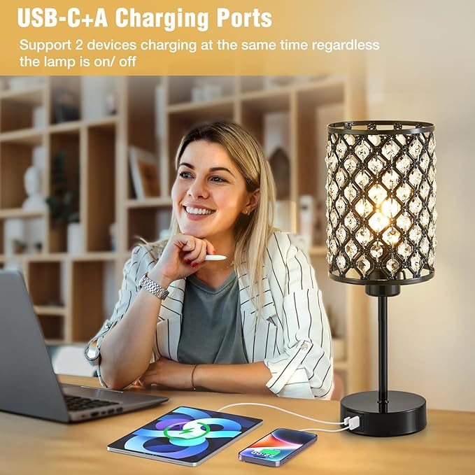 GyroVu Crystal Table Lamp, Black Lamp for Bedroom Nightstand with USB C+A Ports, Dimmable Touch Lamp with Crystal Shade, Bedside Lamp Small Lamp for Bedroom, Living Room, Office (Buld Included)