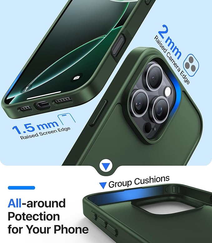 for iPhone 16 Pro Max Case, [Military-Grade Drop Protection][Anti-Yellowing] Shockproof Protective Translucent Matte Cover for iPhone 16 Pro Max Phone Case,Alpine Green