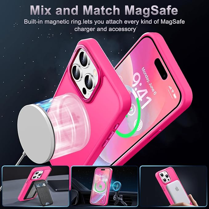 Newfuture Upgraded Magnetic for iPhone 15 Pro Max Case [Compatible with Magsafe] [Mil-Grade Protection], Pocket-Friendly, Slim Translucent Phone Case Cover for iPhone 15 Pro Max 6.7", Hot Pink