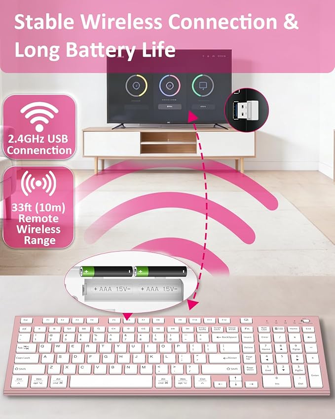 FENIFOX Wireless Silent Keyboard, Ultra Quiet USB C Low Profile Compact Full Size with Number Pad Flat Slim Thin Soft Touch for Mac Computer MacBook iMac PC Laptop Desktop Office (Pink Rose Gold)
