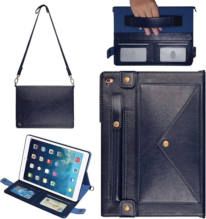 Handbag Case for Apple iPad 5/iPad 6 9.7", iPad Air 1st/2nd Generation Cases, Techcircle Folio Stand Crossbody Wallet Case with Pencil Holder, Hand Strap & Shoulder Strap Soft Protective Cover, Navy