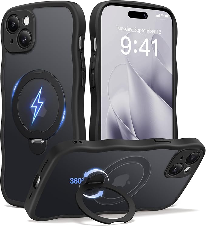 CAPRARO for iPhone 15 Plus Case with 360° Spin Magnetic Stand for Women, [Compatible with MagSafe] [Full Camera Protection] Cute Wave Translucent Matte Case for iPhone 15 Plus, Black