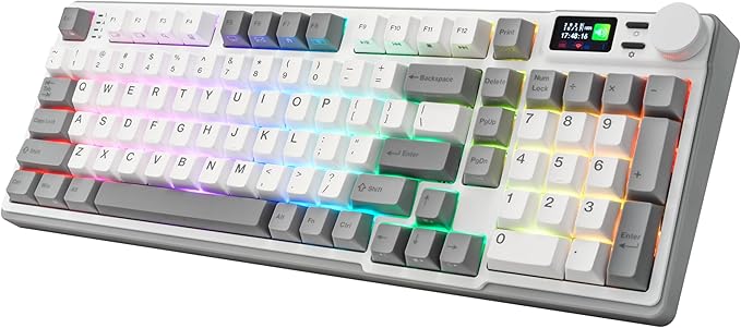iRocks K85R Wireless RGB Backlit Mechanical Gaming Keyboard with LCD Display, Hot-Swappable Pre-lubed Brown Switches, 98 PBT Keys, USB-C Detachable Cable (ICY White, Bubble Switch)