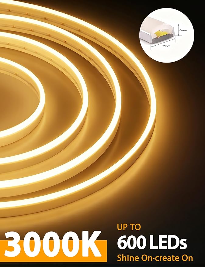Lamomo LED Neon Lights, 12V Warm White Dimmable LED Strip Lights, 16.4ft/5m Waterproof LED Neon Rope Lights, Silicone 3000K Neon LED Strip for Bedroom Indoor Home Decor (Power Adapter Included)