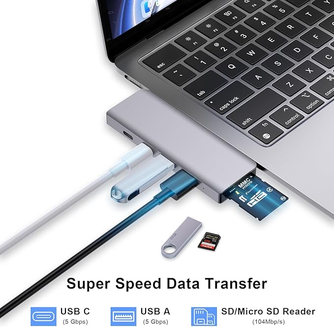 USB C Hub, 6-in-2 USB Adapter for MacBook Pro Air Thunderbolt 4 Dock with 100W PD, 40Gbps, USB-C 3.0, 2 USB-A 3.0, SD/TF Card Reader, Compatible with MacBook Pro Air M1/M2/M3/M4