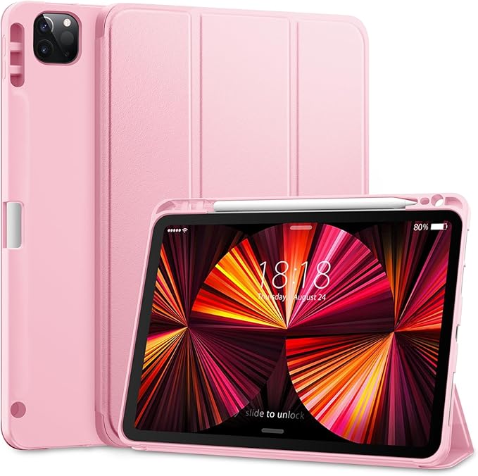 DTTO for iPad Pro 11 inch 4th/3rd/2nd/1st Generation 2022/2021/2020/2018 Case, Smart Slim Trifold Stand Soft TPU Back Cover with Built-in Pencil Holder, Also Fit iPad Air 5/4,Pink