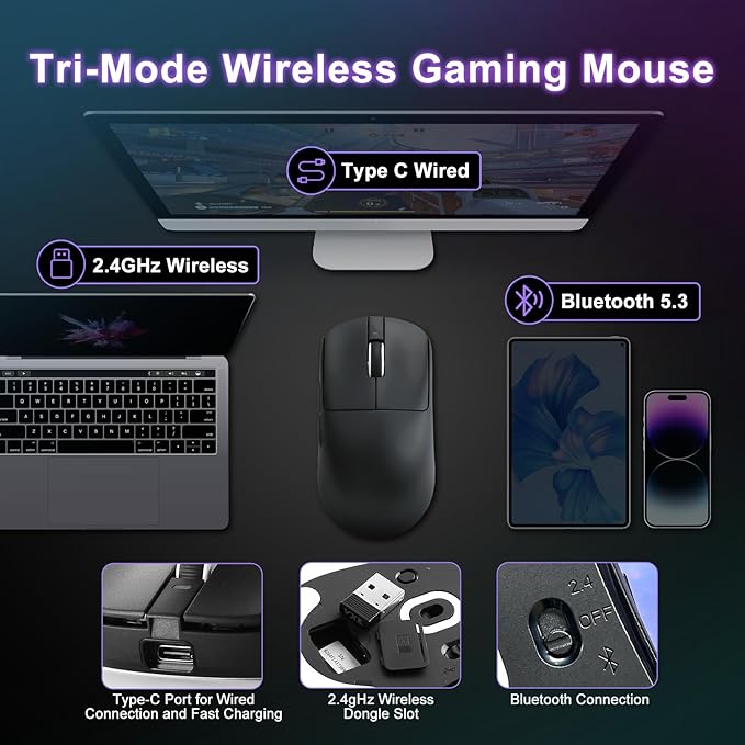 R1 SE+ Gaming Mouse, 18000 DPI, High-Precision PAW3395 SE Sensor,55g Lightweight, Tri-Mode 2.4G/BT5.0/USB-C Wireless Mouse, Programmable Ergonomic Mouse Suitable for Laptops/PC/Mac (Black)