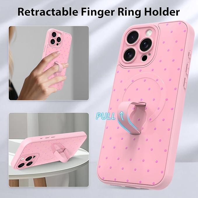 KANGHAR Compatible with iPhone 16 Pro Max Case, Support for MagSafe, Silicone Spot Cute Pattern, Wristband Kickstand Camera Protection Shockproof Soft Slim Cover for Girls Women, Pink