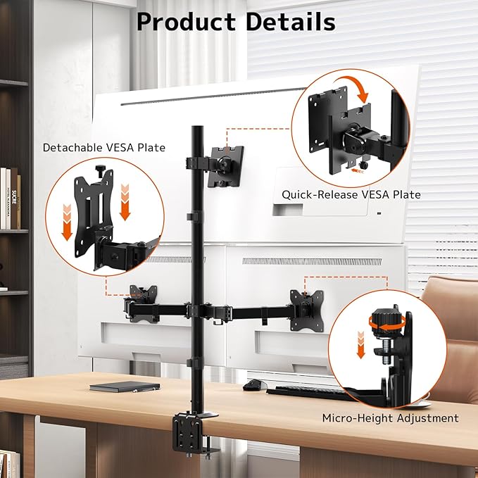 PUTORSEN Triple Monitor Mount for Up to 49" Ultrawide and 32" Monitors per Side Arm, Extra Tall 3 Monitor Desk Mount Holds up to 44 lbs, VESA 75/100 mm