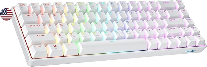 Geeky GK65 SE 65% | Mechanical Gaming Keyboard | 68 Keys Multi Color RGB LED Backlit for PC/Mac Gamer | ANSI US American Layout (White, Mechanical Speed Silver)