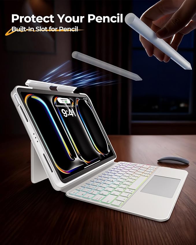 Keyboard Case for iPad Pro 11 Inch (M5/M4) 2025/2024, Clear Detachable Magnetic 360 Rotatable & Liftable Cover, 7-Color Backlit, Native Gesture Trackpad, 180 Kickstand, White