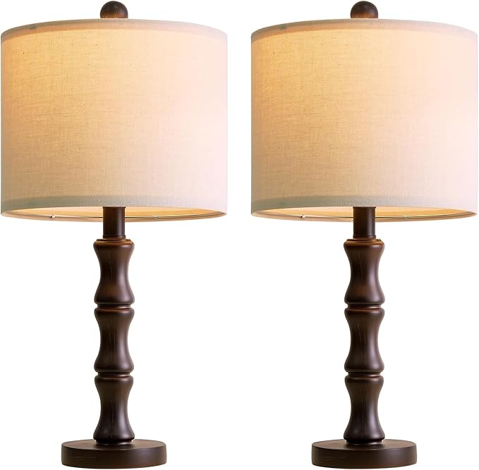 BOBOMOMO 20.5" Classic Table Lamps Set of 2, Farmhouse Nightstand Lamps with Dark Wood Grain Resin Base & Linen Shade, Small Bedside Lamps for Bedroom, Living Room, Home Office & Cozy Apartment Décor
