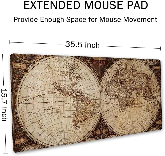 SSOIU Extended Gaming Mouse Pad XXL ArtSo Large Keyboard Mat Long Mousepad Desk Decor Writing Pad Non Slip Rubber Base Stitched Edges for Work, Game, Office, Home, 35.5" x 15.7", Vintage World Map