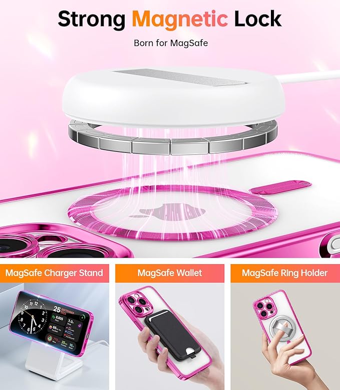 Meifigno Case Designed for iPhone 16 Pro 6.3 Inch, [Compatible with MagSafe] [2X Screen Protectors] [Glitter Card & Wrist Strap] Surround Lens Protection Designed for iPhone 16 Pro Case, Hot Pink