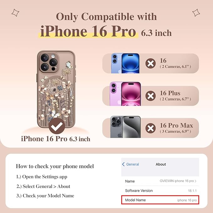 GVIEWIN for iPhone 16 Pro Case Compatible with MagSafe, [Military Grade Protection] [Screen Protector] Full Camera Protection Floral Translucent Women Magnetic Phone Case, Autumnflit/Brown