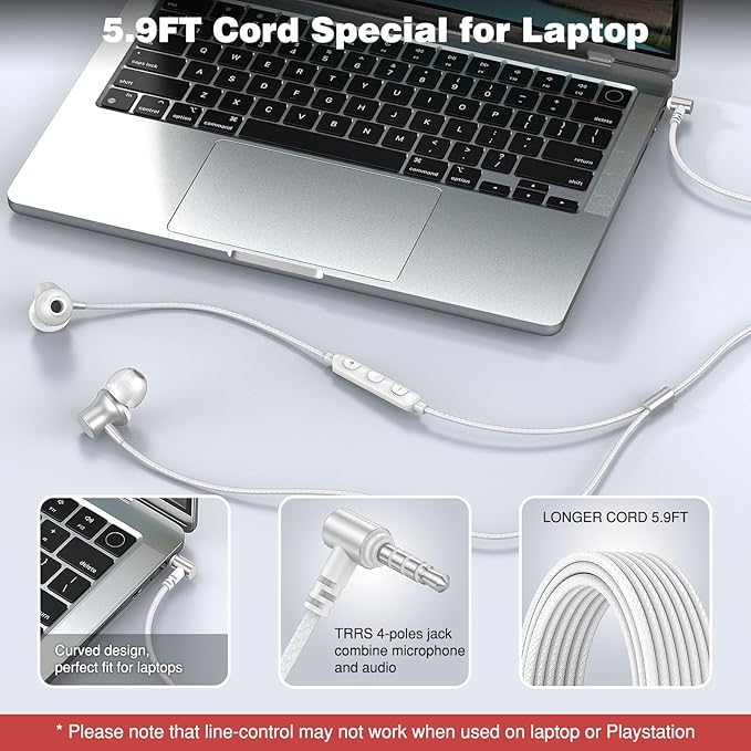 3.5mm Headphones 5.9ft Long Cord Wired Earbuds with Microphone Noise Isolating Earphone Stereo Clear Call Volume Plug in 3.5mm Jack Wired Ear Buds for Office School Laptop Chromebook PC Travel, Silver