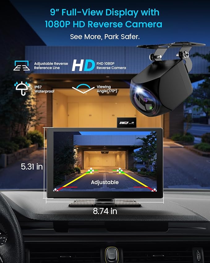 IK9 9" Wireless CarPlay & Android Auto Screen, Portable Car Stereo with 4K Dash Cam & 1080p Rear Camera, CarPlay with Backup Camera, Touch Screen GPS Display, Mirror Link, Apple Car Play Screen