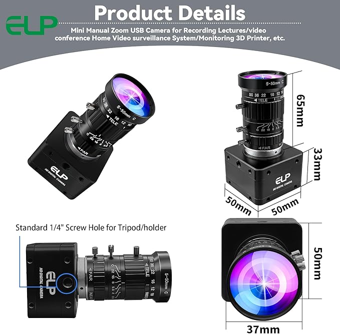 ELP High Speed 4K 60FPS USB Camera Manual Zoom Webcam for Computer, Mini UVC 2160P USB3.0/2.0 Lightburn Cameras for Windows, Linux, Mac, Pi, 5-50mm 10X Varifocal IMX678 Web Cam for Laptop Jetson Nano