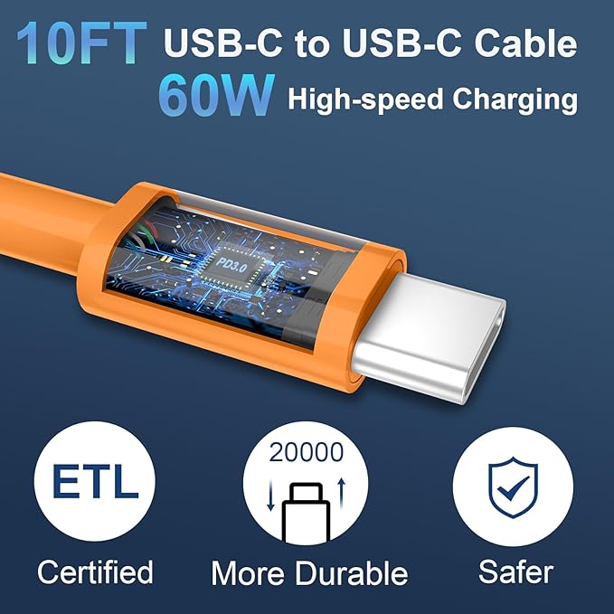 20W Dual Port USB C Charger Block for iPhone 17 16 15 Pro Max Charger Fast Charging with 10FT Long USB C to C Charging Cable Cord for iPhone 17 16 15 Pro Max/17 16 15Pro/15, Android Phone-Orange