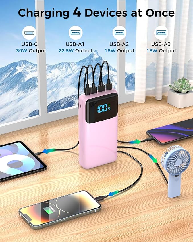 Portable Charger 50000mAh Power Bank, High Capacity External Battery Pack for Camping, USB-C PD 30W Fast Charging Portable Phone Charger for iPhone 17/16/15/14/13/12/11 Samsung Android (Pink)