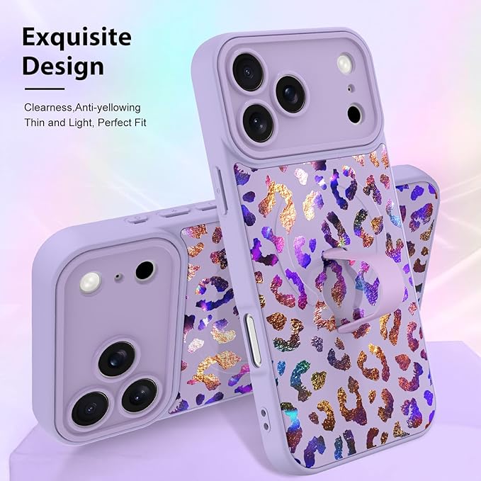 KANGHAR Compatible with iPhone 17 Pro Max Case, Support for MagSafe, Silicone Cute Iridescent Leopard Cheetah Pattern, Wristband Kickstand Shockproof Protective Slim Cover for Women Girls, Purple