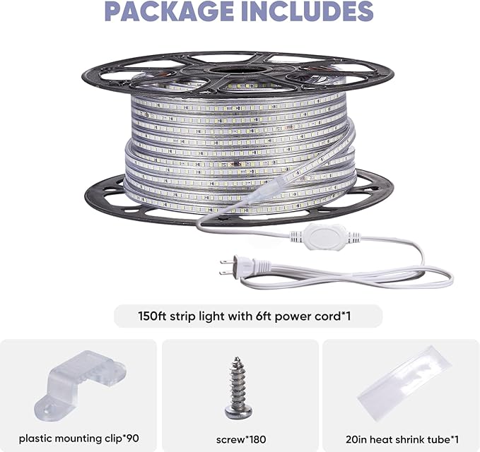 Shine Decor LED Strip Light 150FT 120VAC, Super Bright 19012 Lumens Dimmable, IP65 Waterproof for Outdoor Indoor, 6500K Cool White Every 1.6ft Cuttable Lighting Rope 6x10mm, ETL Listed 45M