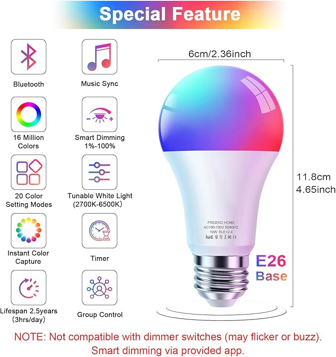 FRIDEKO HOME Smart Light Bulbs - Led Dimmible Color Changing Light Bulb for Home Works with Bluetooth Music Sync - A19 RGB Lightbulb for E26 Base with APP Control & Timer (2 Pack)
