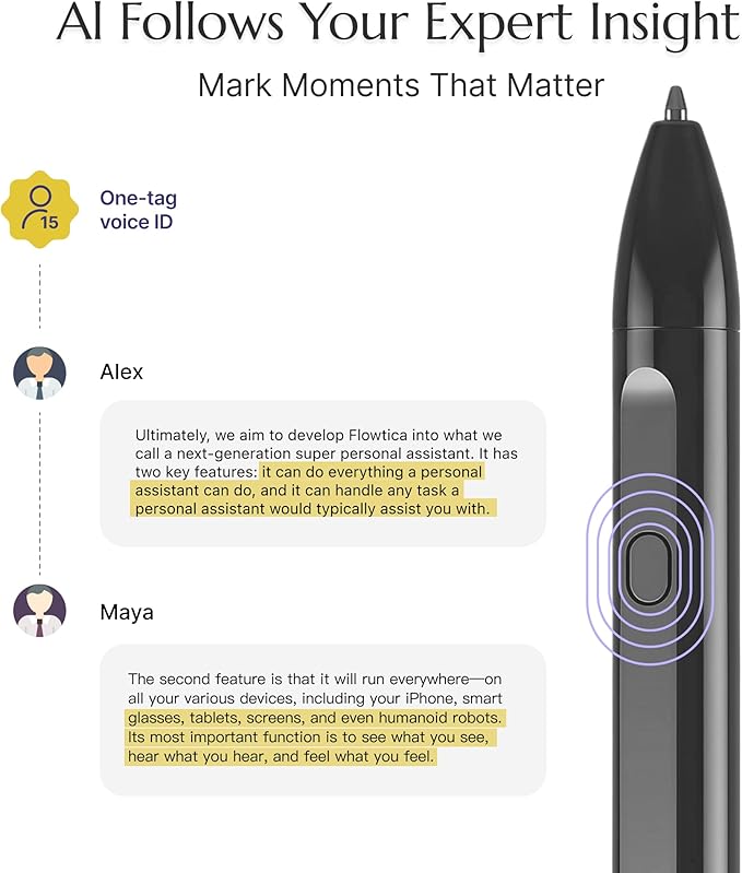 Flowtica Scribe AI Voice Recorder, App Control, Transcribe & Summarize, One-Press Highlight, HiFi Audio, Background Auto-Sync, Note Taker for Meetings & Lectures, Ultra-Slim, Charging Case Included