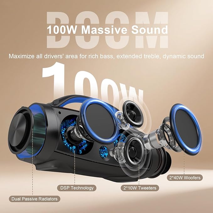DOSS Extreme Boom Pro 100W Portable Speaker, 2+2 Channel, Deep Bass, IPX6 Waterproof, Bluetooth 5.3, 20H Playtime, Power Bank, Dynamic RGB Lights, Outdoor Speaker for Camping, Beach, Poolside - Blue