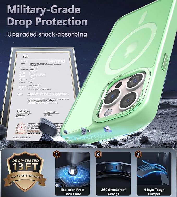 Newfuture Designed for iPhone 13 Pro Max Case with Magnetic [13 FT Military Drop Protection] [Compatible with Magsafe] Slim Translucent Matte Shockproof with Anti-Fingerprint Phone Case, Matcha Green