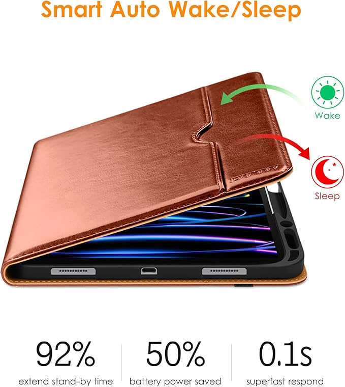 DTTO for iPad Pro 12.9 6th / 5th / 4th / 3rd Generation Case 2022/2021/2020/2018, Premium Leather Folio Stand Cover with Built-in Apple Pencil Holder -Auto Wake/Sleep and Multi Viewing Angles,Brown