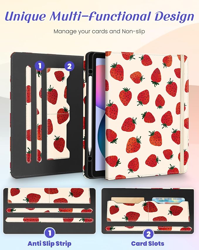 Kidcube for Samsung Galaxy Tab S6 Lite Case 10.4 Inch 2024/2022/2020 - Women Girls Cute Rotating Stand Folio Cover with Pencil Holder & Card Slot Girly Pretty Strawberry Design Cases for Tab S6 Lite