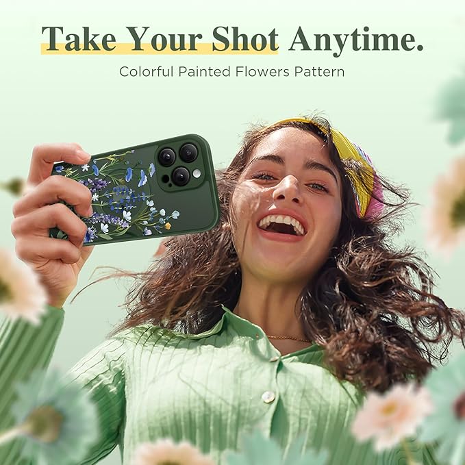 GVIEWIN for iPhone 16 Pro Case Compatible with MagSafe, [Military Grade Protection] [Screen Protector] Full Camera Protection Floral Translucent Women Magnetic Phone Case, Sweet Posy/Forest Green