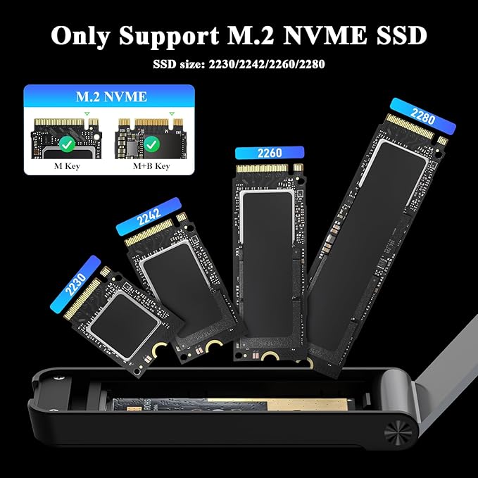 FIDECO M.2 NVMe SSD Enclosure, M.2 NVMe to USB Adapter, USB 3.2 Gen 2 (10Gbps) SSD Reader for M & M+B Key, Sandwich Style Design, Tool-Free Installation, Support UASP and Trim (Grey)