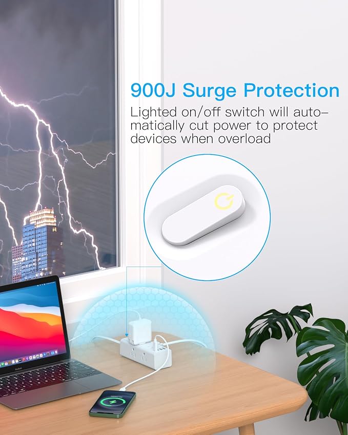 15Ft Extension Cord with Multiple Outlets, Flat Plug Power Strip Surge Protector with 15 Ft Long Cord, 6 Outlet 3 USB Ports (1 USB C), Multi Outlet Wall Plug for Travel, College, Dorm Room Essentials