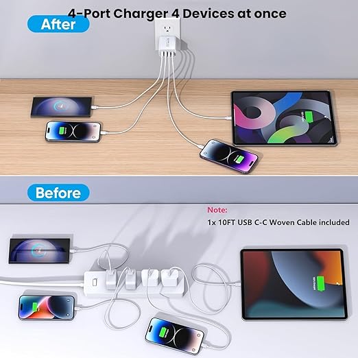 10Foot USB C-C Woven Fast Charging Cable,Apple 40W 4 Port USB C Wall Charger Block with 10FT Type C Charging Cable Cord PD&AC 40W Adapter for iPhone 17Air/17 Pro/16/16e/16 Pro Max/15/iPad Pro/Air/Mini