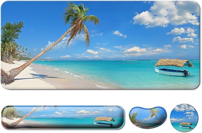 Keyboard Wrist Rest + Mouse Pad with Wrist Support + Desk Mat + Coaster 4 in 1 Set, XXL Large Gaming Mousepad Cute Ergonomic Mouse Pads for Desk Computer Laptop Office Decor-Blue Sea