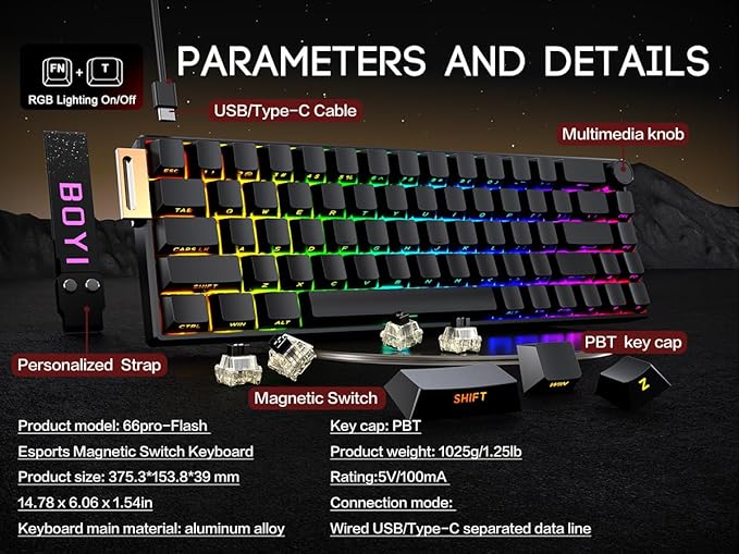 BOYI 66Pro-Flash Aluminum Magnetic Switch Gaming Keyboard,TMR/HE Keyboard Gaming 65% Hall Effect,RGB HotSwap 0.01mm Hyper-Fast 8K Hz Polling Rate,PBT Side Printed Keycaps Mechanical Keyboard with Knob