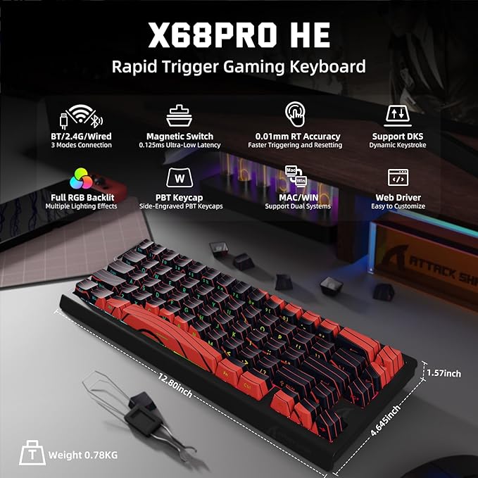 ATTACK SHARK X68 PRO HE Wireless Rapid Trigger Gaming Keyboard with Adjustable Actuation,8K Polling Rate,Hall Effect Magnetic Switch,Hot-Swap,RGB Backlit,BT/2.4GHz/Wired,for FPS Games-Black&Red