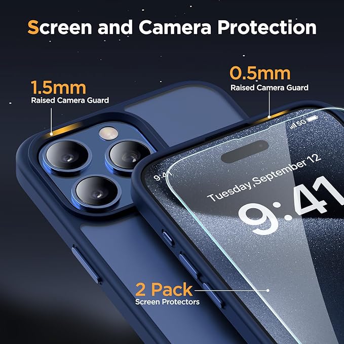 Miracase Magnetic for iPhone 13 Pro Max Case 6.7 inch (Compatible with MagSafe)（with 2X Screen Protectors） Military-Grade Protection, Anti-Fingerprint Translucent Matte Phone Case Cover, Dark Blue