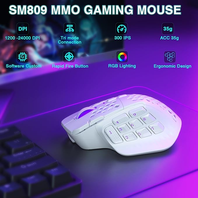 SOLAKAKA SM809 Pro MMO Gaming Mouse with 9 Side Buttons,24000 DPI RGB Mouse for Gamer,16 Programmable Macros MMO Mouse,White